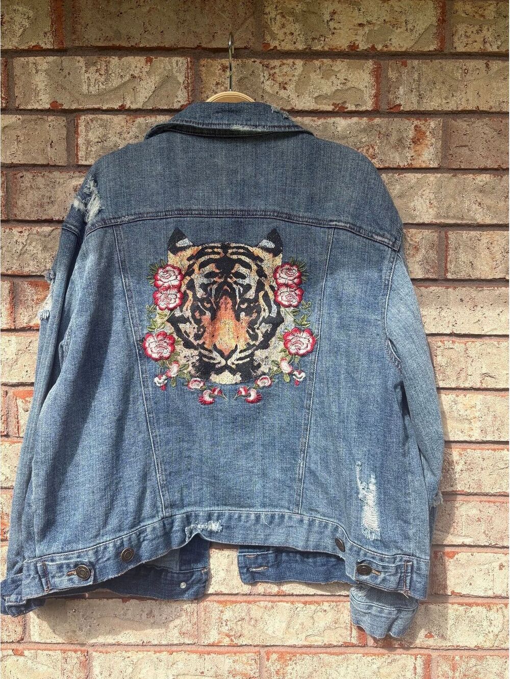 Vanilla Star Tiger Print/Embroidered Distressed Jean Jacket Size XL